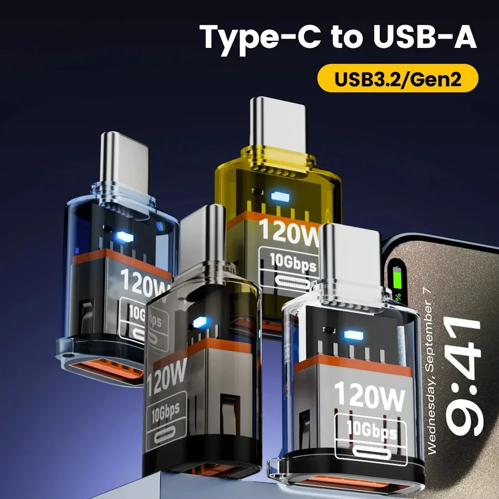 Adapter USB 3.2 do Type C OTG 120W, szybkie ładowanie, transfer danych i audio 10 Gbps, do MacBooka, iPada, iPhone'a 15, 16, 17, Huawei, Xiaomi, PC