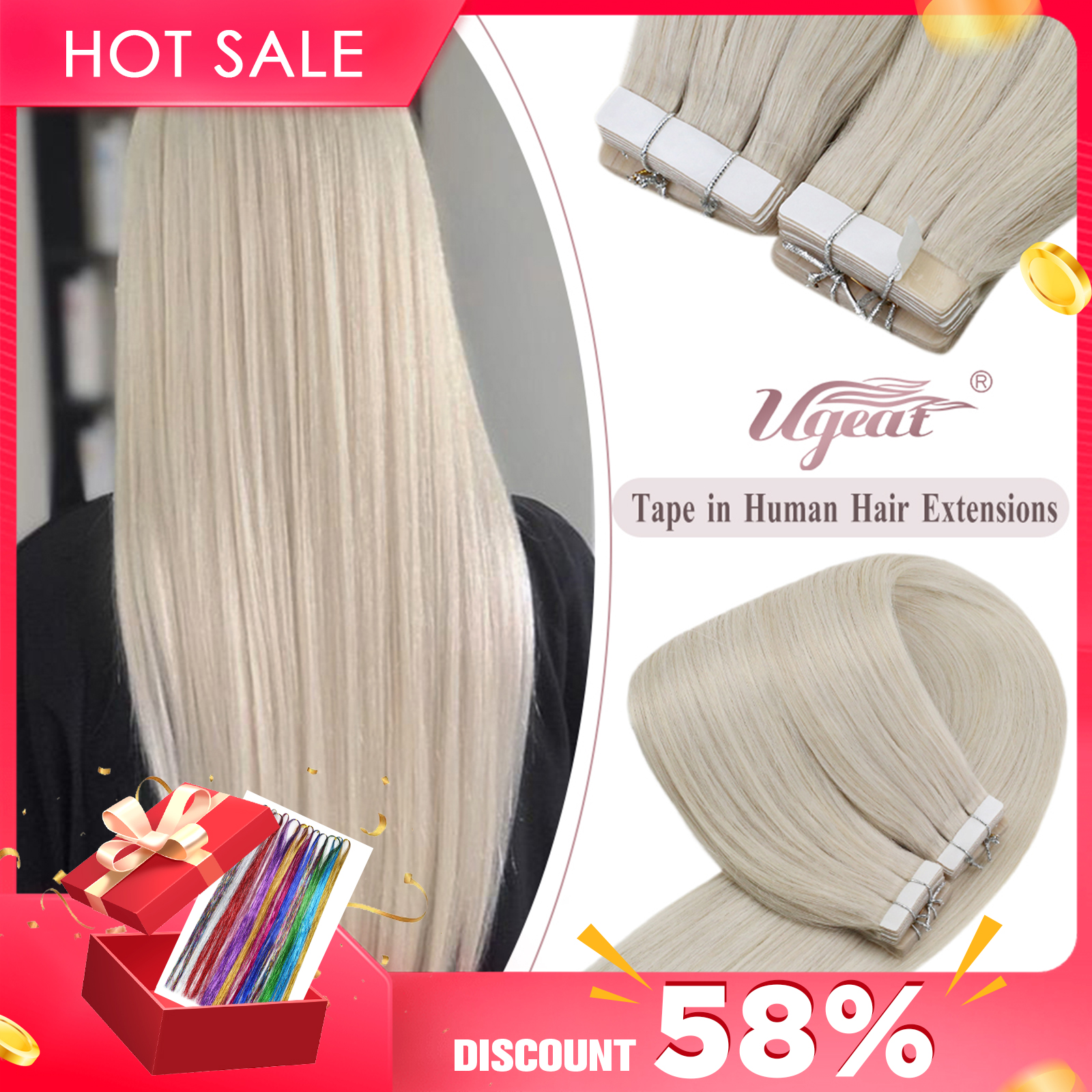 Ugeat Băng Keo Trong Con Người Làm Tóc Thật Brasil Tóc 20P/40P Remy Thẳng Lụa Hai Băng Keo 2 Mặt tóc Cho Nữ