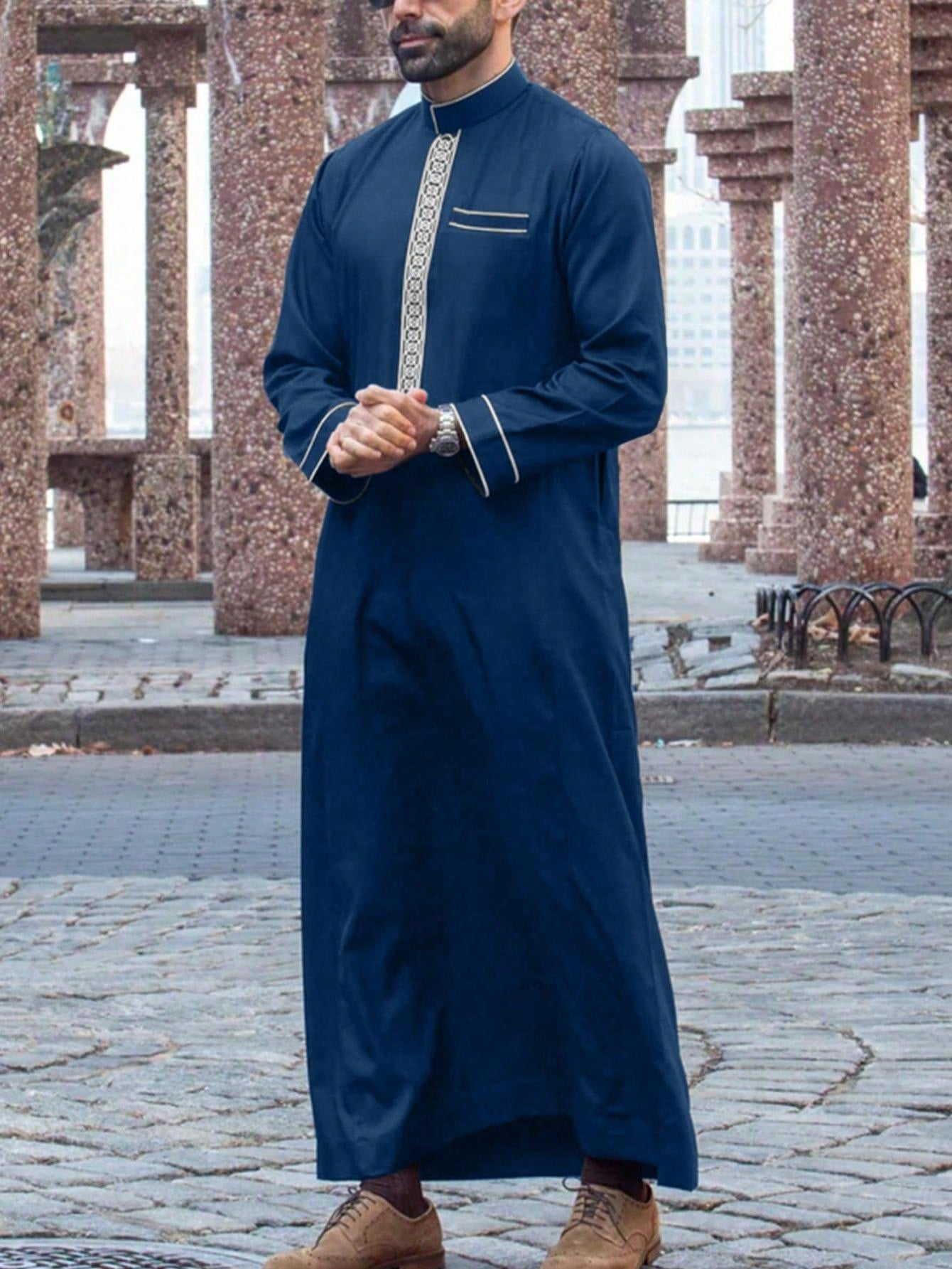 Haftowana stójka z długim rękawem, muzułmańska szata męska Arabska