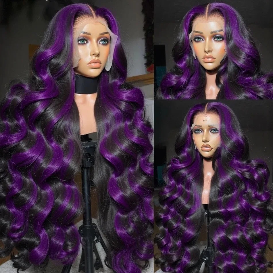 Peluca de Cabello Humano con Ondas Corporales, 250% de Densidad, Color Morado Oscuro con Reflejos, Peluca Brasileña 1B/Rosa Ombre, Pelucas Frontales de Encaje HD 13x4 13x6