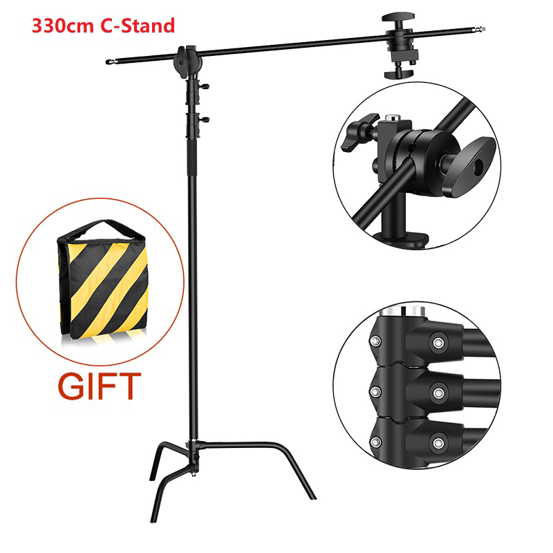 Sh 2.6m/3.3m preto de aço inoxidável século dobrável suporte de luz tripé perna mágica fotografia c-suporte para luz de ponto, softbox