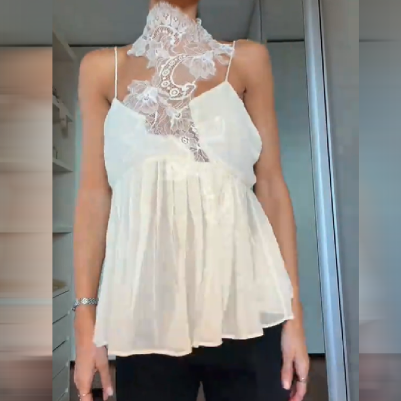 Chemisier sans manches pour femme, tendance, col en dentelle, bretelles spaghetti, décolleté plongeant en V, dos ouvert, ourlet plissé, style t-shirt, pour le bureau ou décontracté