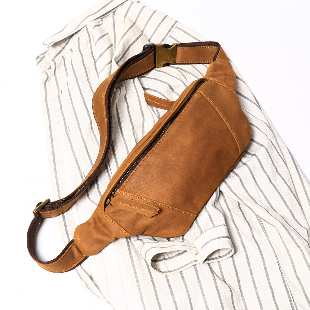 Bolsa de Cintura em Couro Crazy Horse para Homens, Bolsa Transversal de Couro Genuíno, Pochete para Esportes ao Ar Livre, Bolsa Ajustável para Telefone