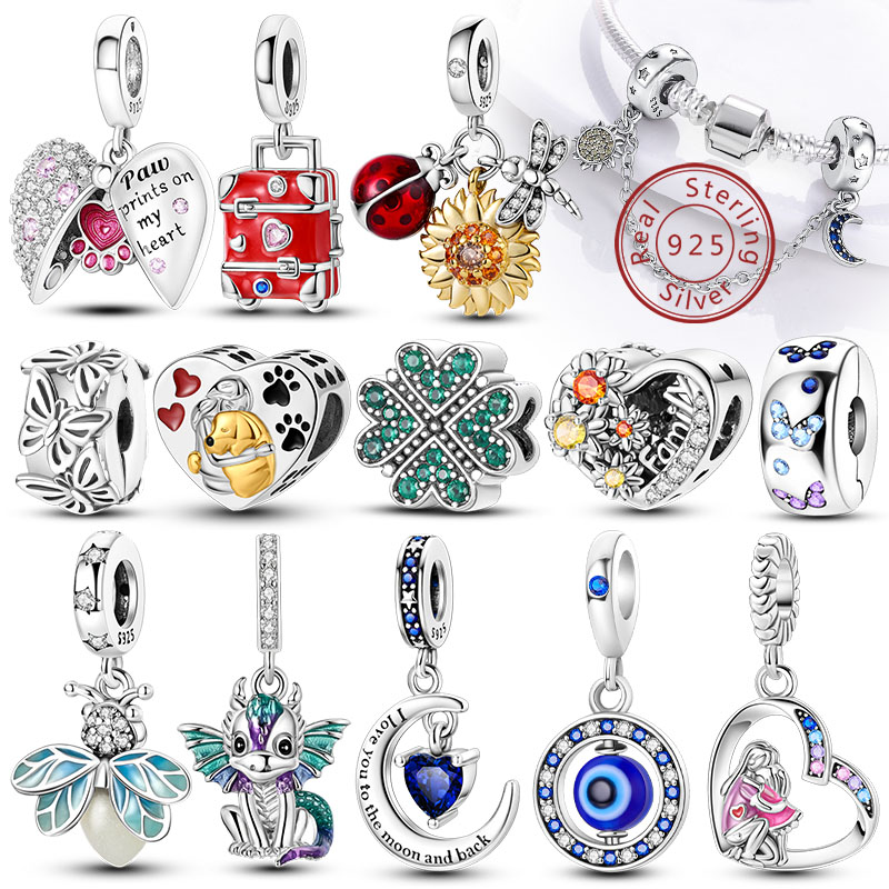 Gran oferta, colgante de cuentas de Plata de Ley 925, luciérnaga, amor, corazón, gatos, perros, girasol, abalorio para pulsera, mujer, regalo de joyería DIY
