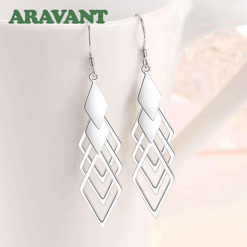 Aravant-Boucles d'oreilles longues géométriques creuses en argent 925 pour femmes, bijoux fantaisie