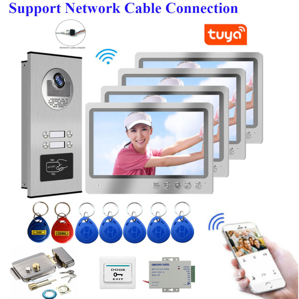 Tuya WiFi 9-Zoll-Monitore 2/3/4 Wohnung/Familie Video-Türsprechanlage Gegensprechanlage IR-Türklingel Wasserdichte Kamera Zugangskontrolle
