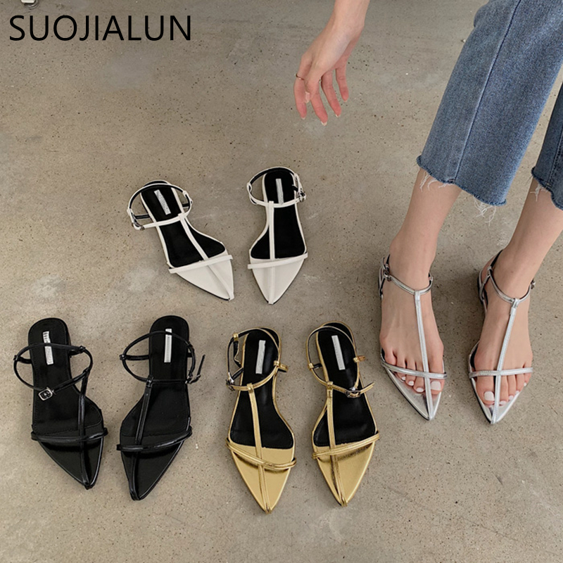 SUOJIALUN 2025 New Brand Women Sandal Fashion Narrow Band Flat Heel Ladies Gladiator Shoes Pointed Toe Ankle Buckle Zapatos Muje