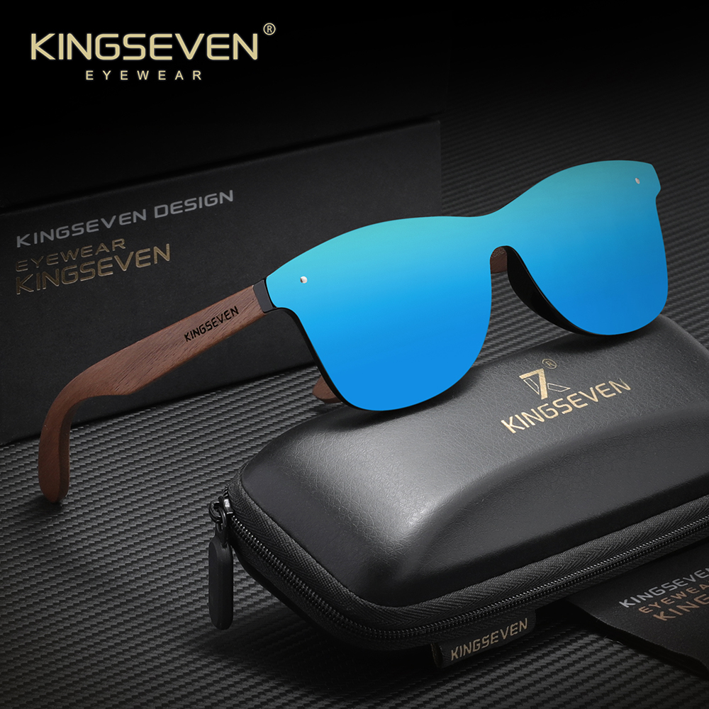 KINGSEVEN Polarized Sunglasses  Walnut Wooden Men Women UV400 Anti-Glare Fashion Square Rimeless Frame Driving RetroEyewear