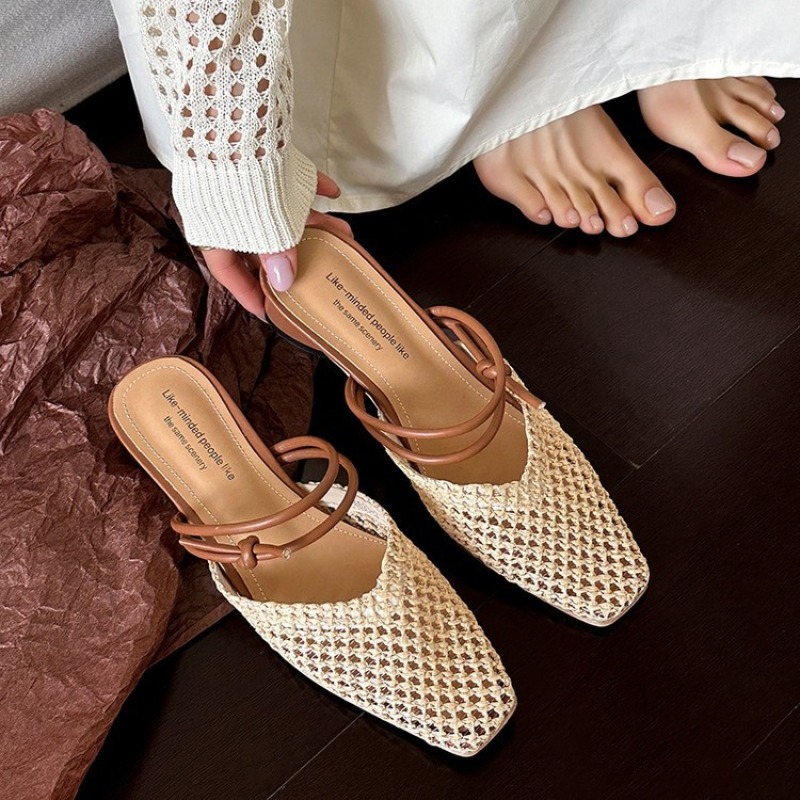 Zapatillas Vintage tejidas con 1 punta sin cordones para mujer, prendas de vestir, estilo de hadas francés, zapatos de vacaciones de tacón grueso