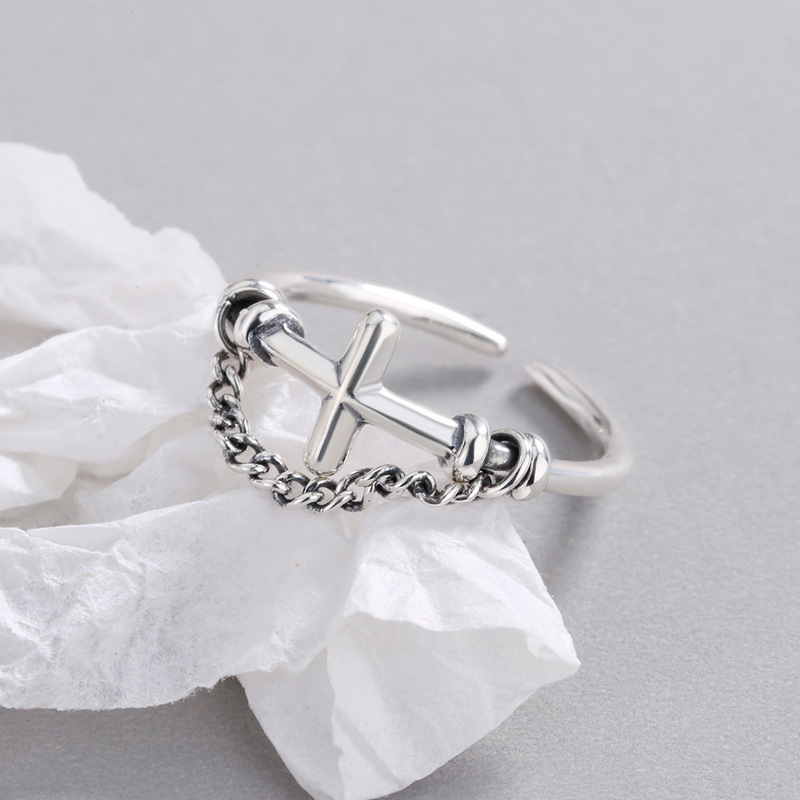 Anillo abierto con borlas de cadena cruzada Retro para mujer, Color plateado, Punk, gótico, joyería de diseñador hecha a mano, accesorios cristianos Unisex