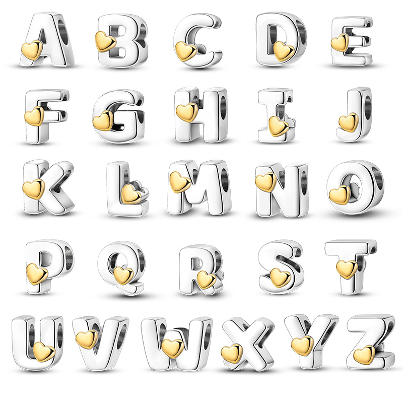 925 argent Sterling classique coeur doré 26 lettres de l'alphabet breloques perles ajustement marque 3mm Bracelets chanceux anniversaire bijoux à bricoler soi-même Gif