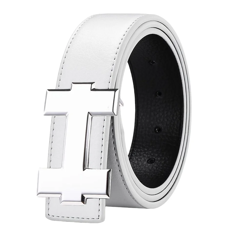 Pasek męski 3,3 cm, modny, casualowy, z srebrną gładką klamrą, designerski, wysokiej jakości, unisex, idealny do jeansów i odzieży roboczej.