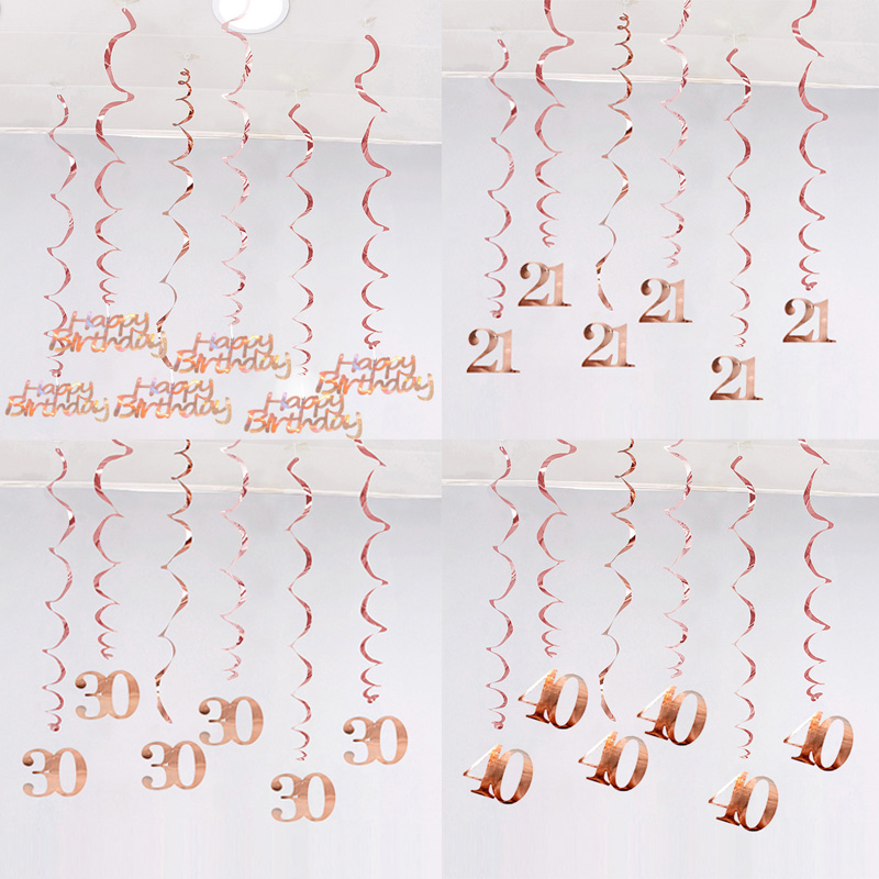 6 Teile/los Alles Gute Zum Geburtstag Wirbel Dekoration 16 20 21 30 40 50 60 70 Jahre Rose Gold PVC Geburtstag Party Dekorationen liefert