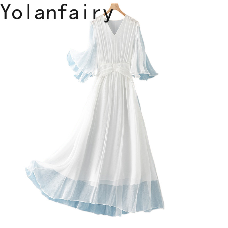YOLANFAIRY Super schönes Kleid aus 100 % echter Maulbeerseide, Sommerkleid für Damen, weißes Kleid mit V-Ausschnitt und Taille, elegante Kleider mit ausgestellten Ärmeln