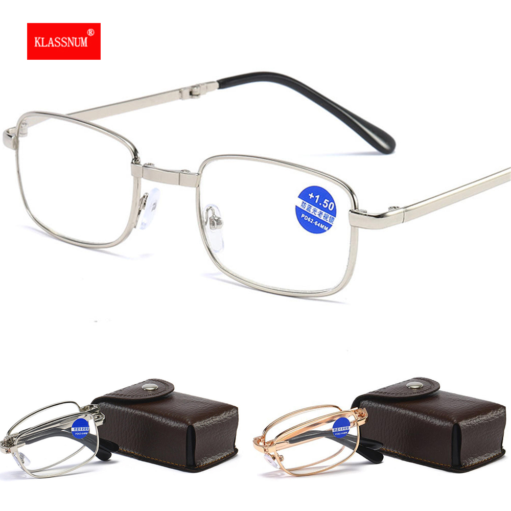 Mannen Leesbril Vouwen Metalen Retro Computer Bril Met Case Zilver Goud Vergrootglazen + 1.0 1.5 2.0 2.5 3.0 3.5 4.0