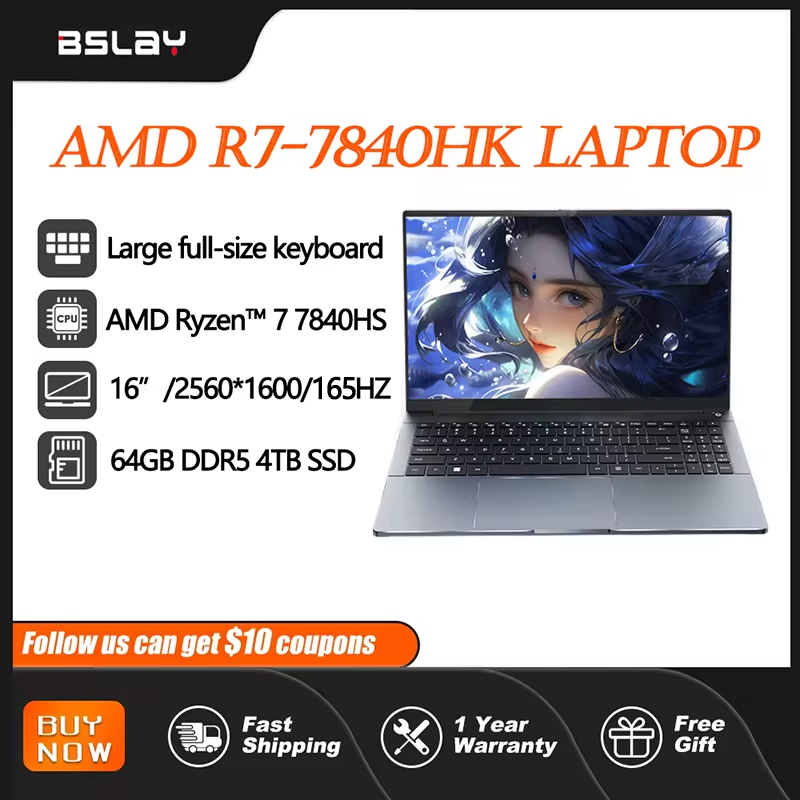 AMD R7-7840HS 16inch Gaming Laptop DDR5 Windows11 64GB RAM 4TN SSD 8Cores 16Threads  HD Camera Wifi6 Lightweight Computer PC