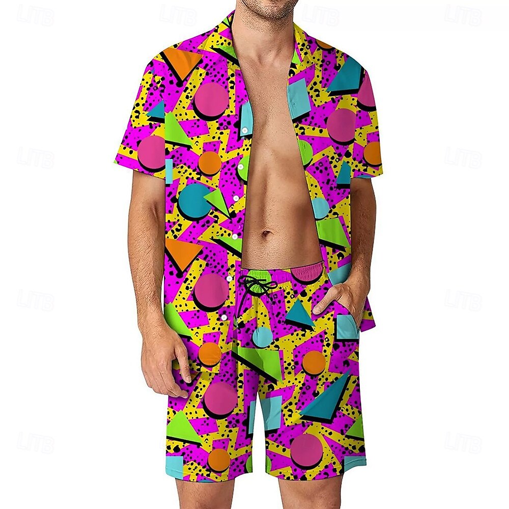 Camisa masculina com estampa geométrica irregular e shorts, duas peças, casual, férias, conjunto de camisa masculina de manga curta, camisa com botões