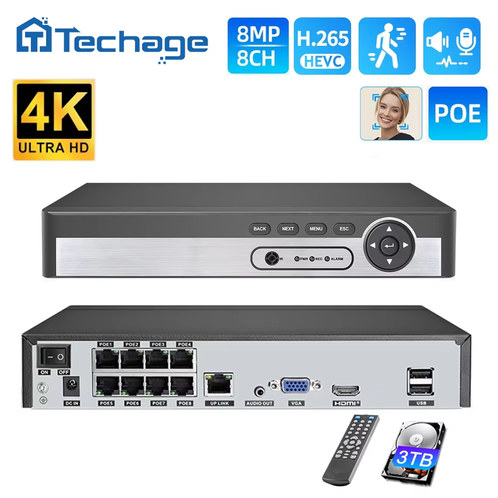 Сетевой видеорегистратор Techage 8CH 4K PoE NVR 8MP 5MP 4MP H.265 с двусторонней аудиосвязью для систем видеонаблюдения и камер безопасности ONVIF