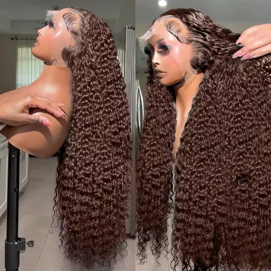 Peruki typu lace front w kolorze czekoladowej brązowej, brazylijskie peruki lace frontal 13x6 HD, 100% brązowe kręcone peruki z ludzkich włosów, wstępnie wyskubane peruki dla kobiet.
