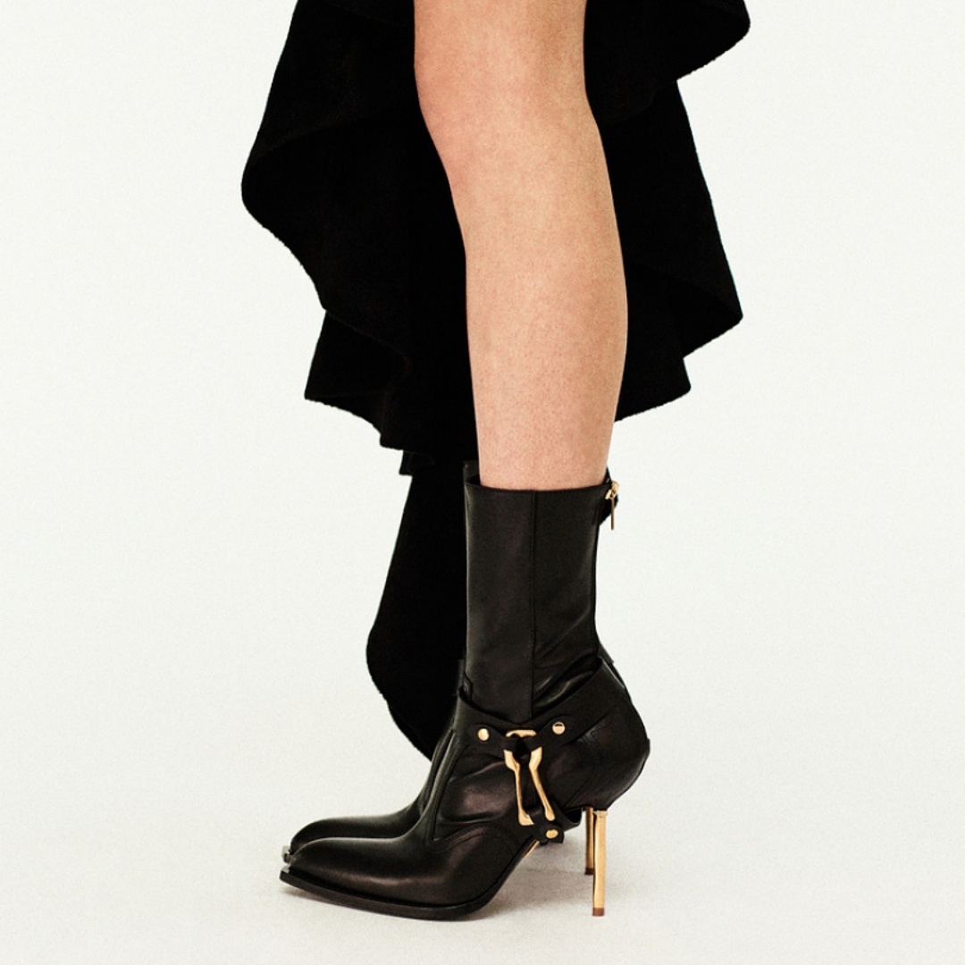Women Brown Snake Print Mid Calf Boots Metal Gold Buckle Strap Pointed Toe Thin Stiletto Heel Western Cowboy Ankle Boots Design