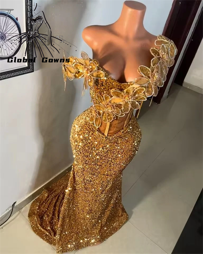 Sparkle Golden Aso Ebi Prom Dresses Black Girls Off Shoulder Crystals AppliquesFormal Prom Party Gowns Sequin Customized