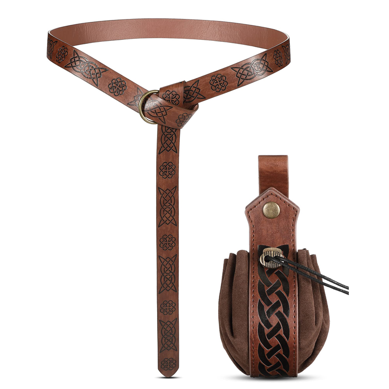 1 Peça/2 Peças Cinto de Couro Vintage Gravado, Conjunto de Bolsa - Unissex com Argolas em O, para Eventos de RPG Medieval Viking e Renascentistas, Salão