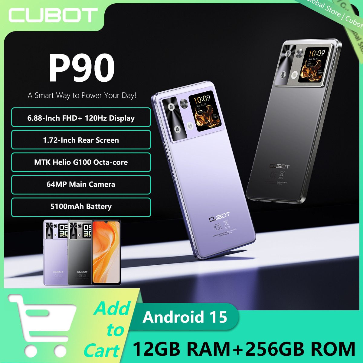สมาร์ทโฟน Android 15 Cubot P90 หน้าจอ 6.88 นิ้ว 120Hz, RAM 24GB (ขยายได้ 12+12GB), ROM 256GB, โปรเซสเซอร์ G100 Octa-core 2.2GHz, กล้อง 64MP, แบตเตอรี่ 5100mAh, NFC, ลำโพงคู่, โทรศัพท์ 4G, smartphone android