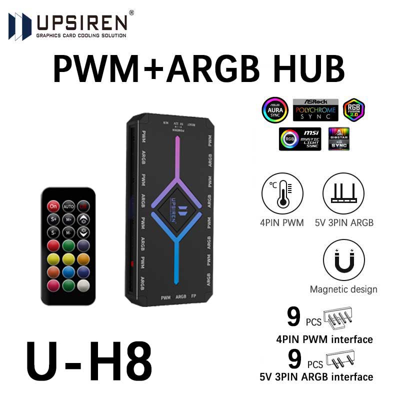 UPSIREN U-H8 5V 3PIN ARGB y 4PIN PWM HUB cubierta de computadora ventilador luz fondo síncrono diseño magnético con Control remoto
