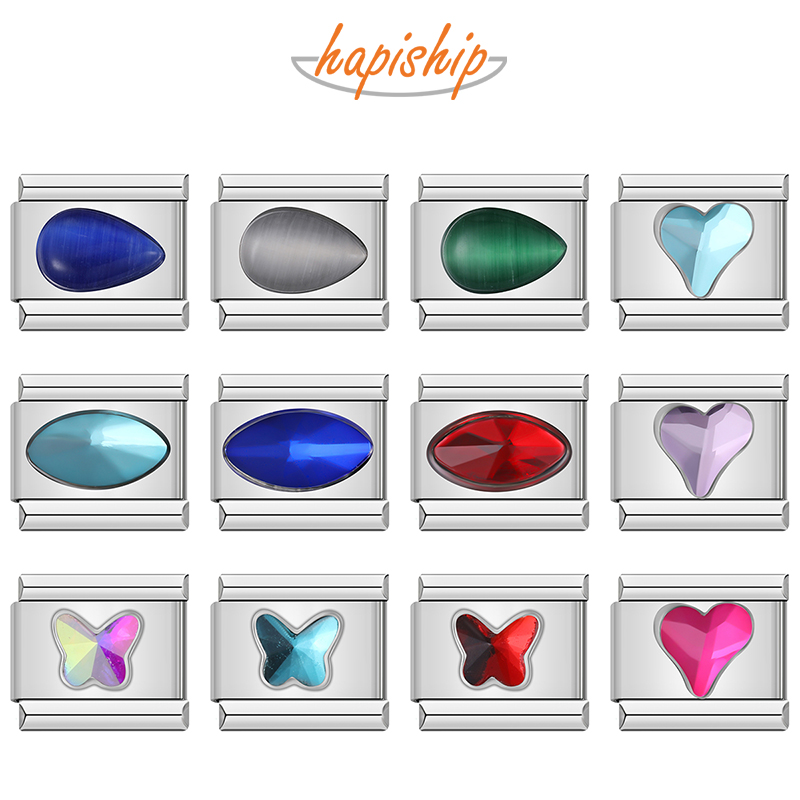Hapiship 2025 Fashion Heart Elliptic Rectangle CZ Charm Italian Links Fit 9mm Bracelet Stainless Steel Making Jewelry DJ692