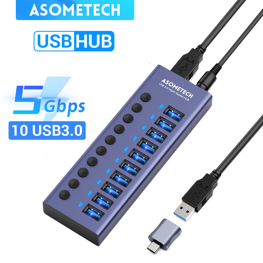 4/7/10 Ports USB 3.0 Hub Mehrere Splitter 12V Netzteil mit Ein/Aus-Schalter USB Splitter High Speed Hub für MacBook Laptop