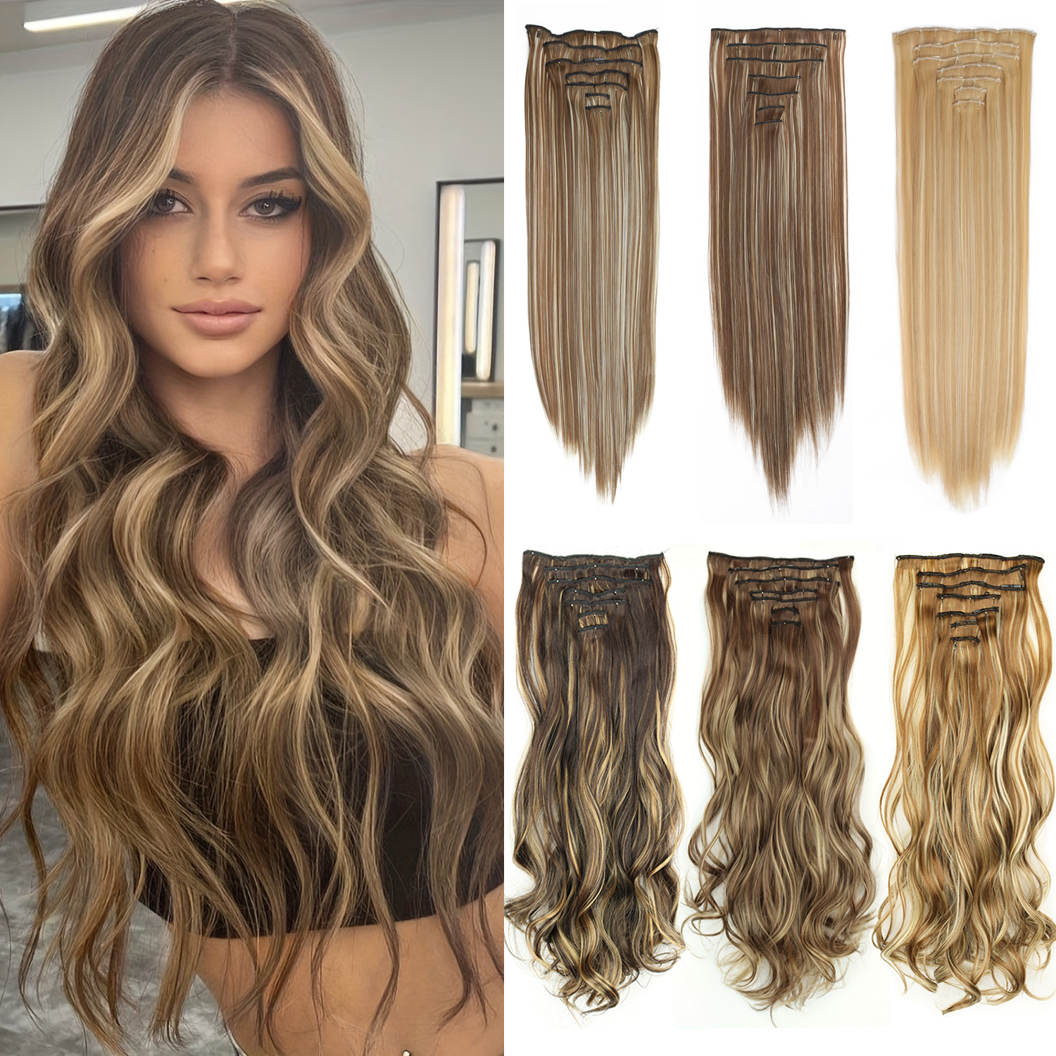7-teiliges Set mit 16 Clips, HaarverlĂ€ngerung, schwarz, lang, glatt, natĂŒrliches Haar, Ombre-Haarteil, hitzebestĂ€ndige Faser fĂŒr 2027
