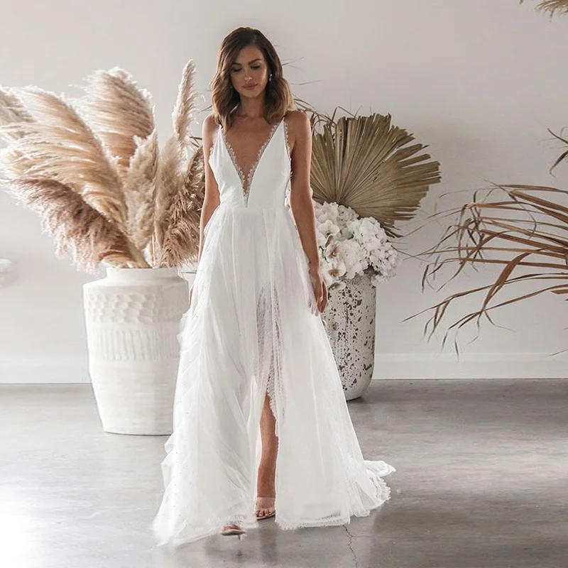 Sexy tiefer V-Ausschnitt für Damen, formelle Kleider, Spitze, rückenfrei, ärmellos, weißes Kleid, Mode, Party, Strand, elegante Bankett-Brautkleidung