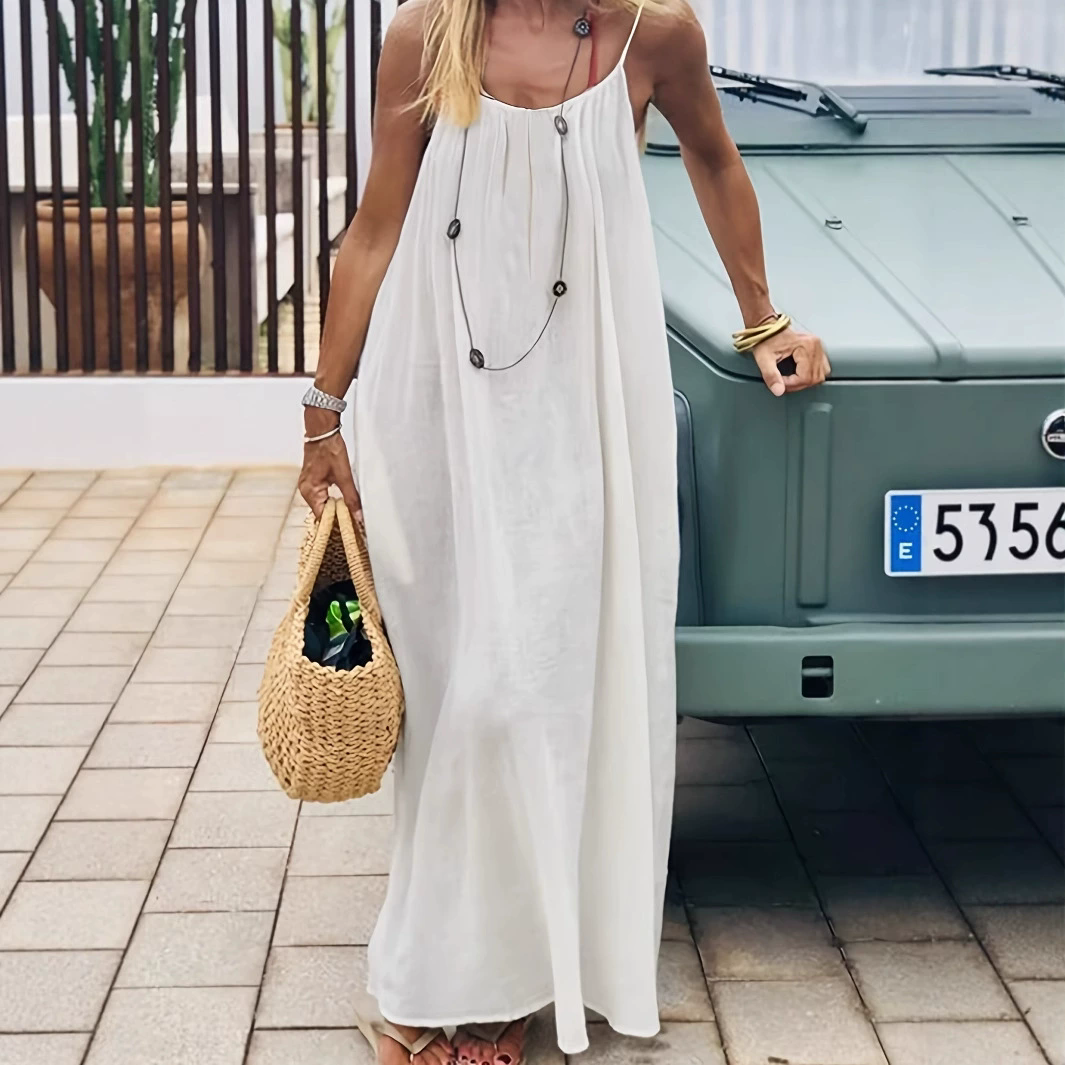 Vestido Longo Feminino Elegante e Versátil com Alças, Sem Costas, Solto, Estilo Maxi, para Primavera Verão 2026, com Saia Ampla, Ideal para Praia