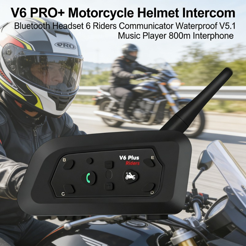 Intercomunicador para Motocicleta V6 PRO+ para 6 Personas, Auriculares Bluetooth para Casco, Impermeables, V5.1, 800m, Reproductor de Música, Interfono