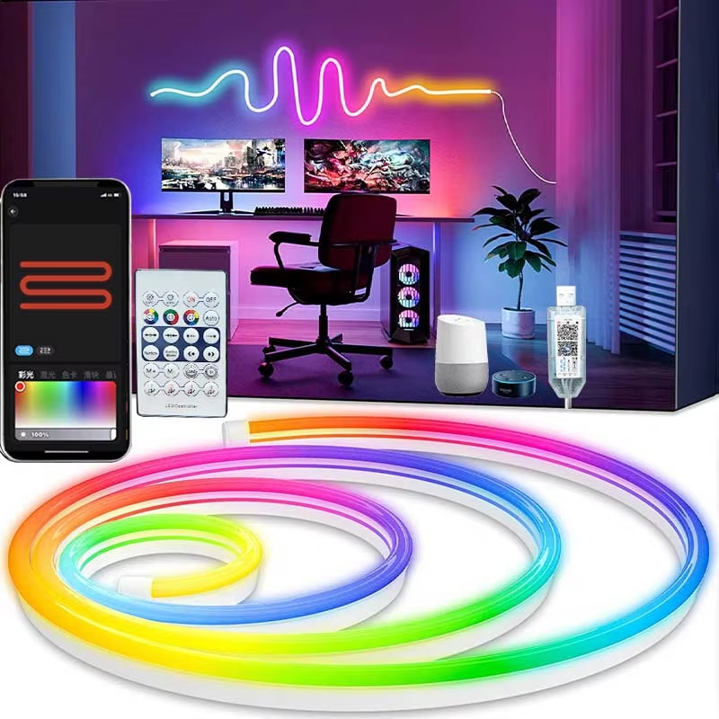 Tira de LED de neón RGBIC USB de 5V, cinta de lámpara de neón RGBIC IP65 de 1/2/3/4/5M con aplicación Bluetooth y control remoto para iluminación de decoración de neón DIY