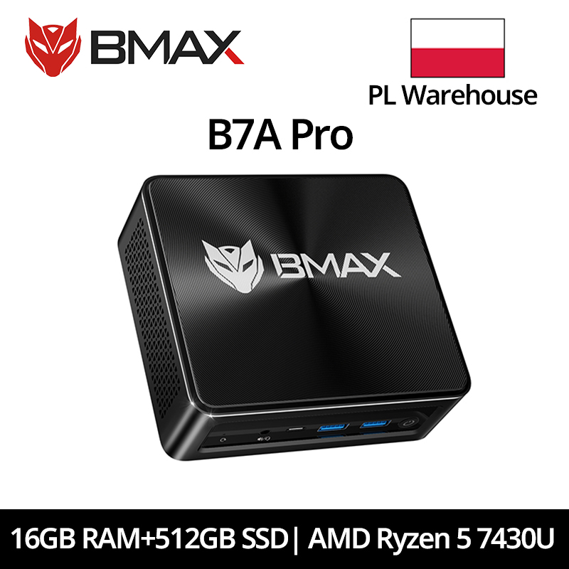 BMAX B7 A Pro Mini PC Procesor AMD Ryzen 5 7430U Grafika AMD Radeon 16 GB RAM 512 GB SSD Windows 11 USB HDMI Type-C Bluetooth DP