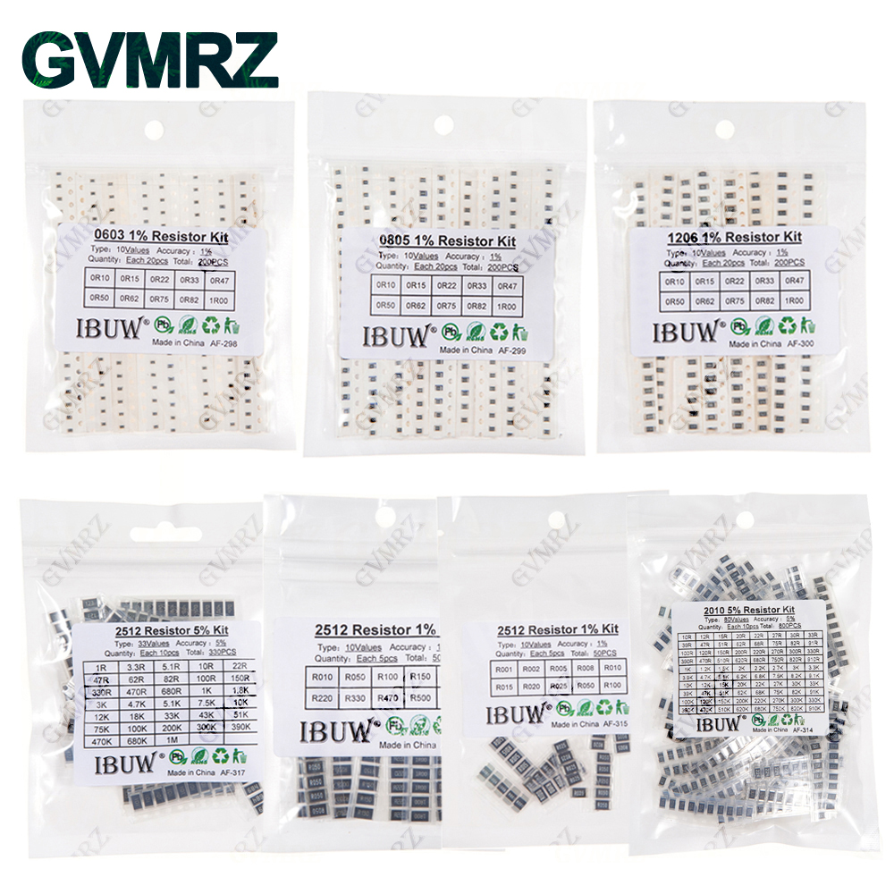 0201 0402 0603 0805 1206 1% 5% Kit surtido de resistencias SMD 1R-1M 10K 100K 1K 100R juego de resistencias DIY