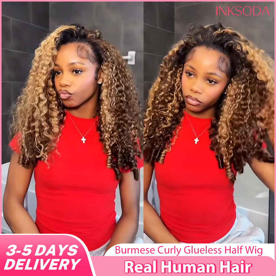 Peluca de cabello humano rizado birmano rubio miel P4/27 de 12A y 220% de densidad, de 38 pulgadas, sin pegamento, 3 en 1, estilo natural, sin costuras, con diadema con cordón y clip, fácil de usar para principiantes, lista para usar con cordón, instalaci