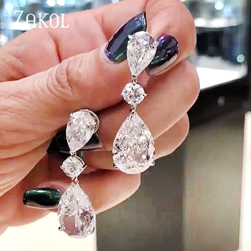 Pendientes colgantes ZAKOL Shinny de circonia en forma de lágrima para mujer, pendientes nupciales de Color oro blanco a la moda, joyería de boda Brincos EP2426