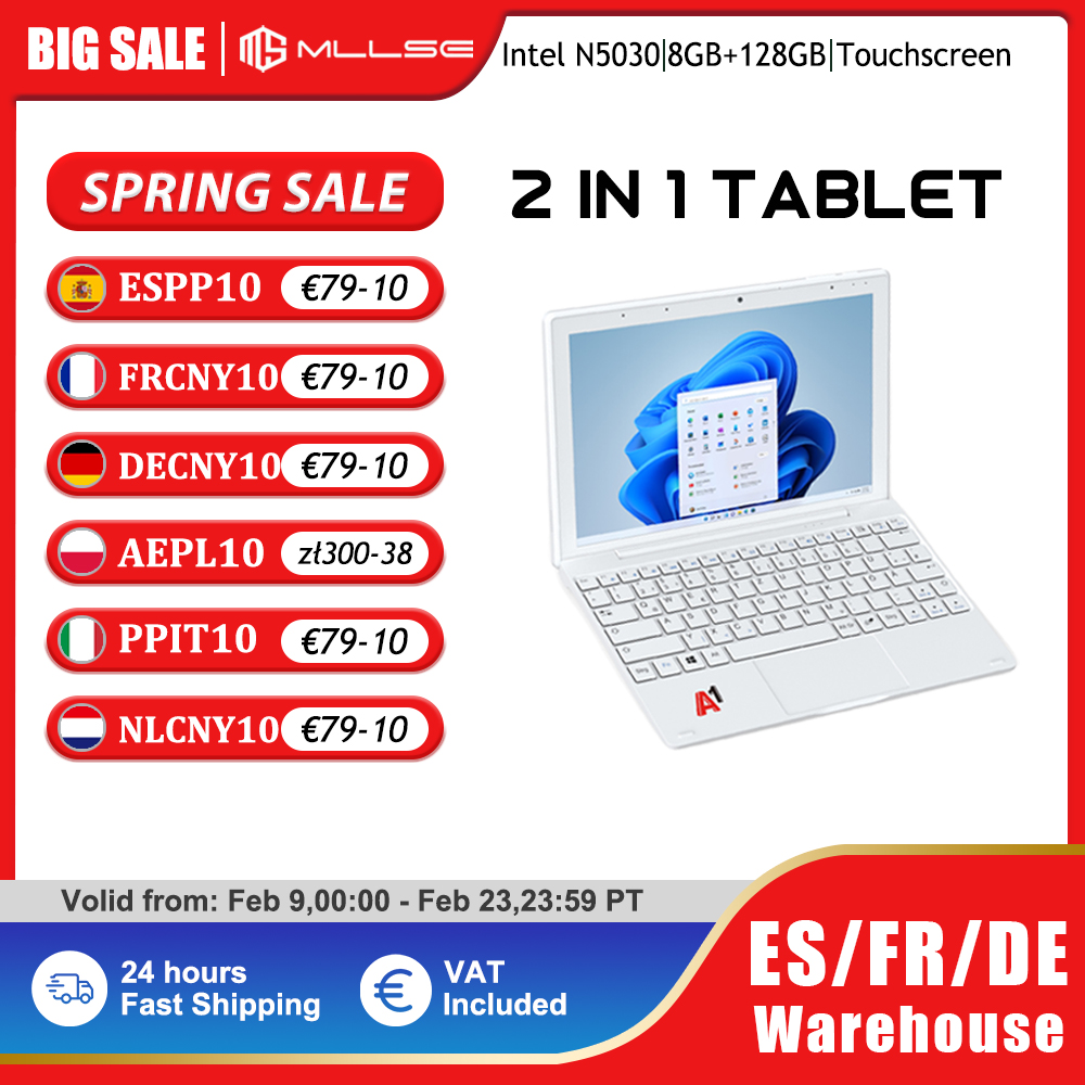 MLLSE 2 In 1 Tablet PC Windows 10 8GB DDR4 + 128GB SSD Intel N5030 schermo IPS da 10.1 pollici WIFI Mobile Office Tablet PC con tastiera