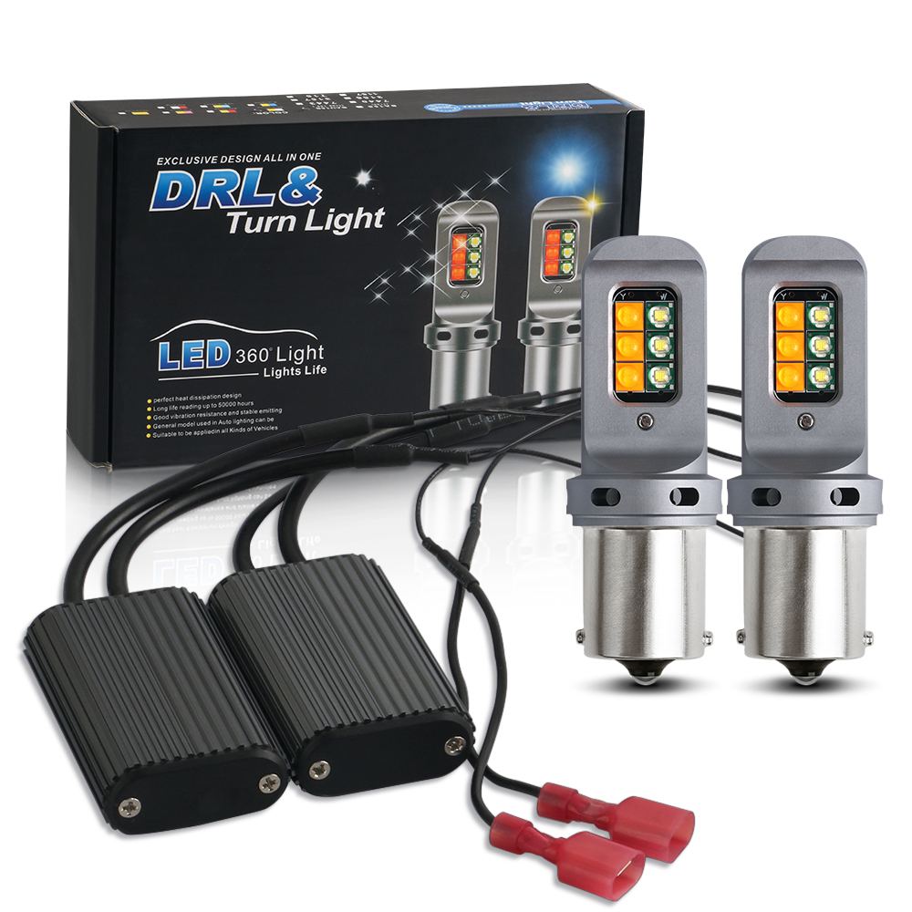 Lumière de voiture LED DRL avec clignotant 2 en 1, BA15S BAU15S PY21W Canbus, No Hyperflash T20 7440 W21W, Touristo-Document, Blanc Ambre, Diode 12V