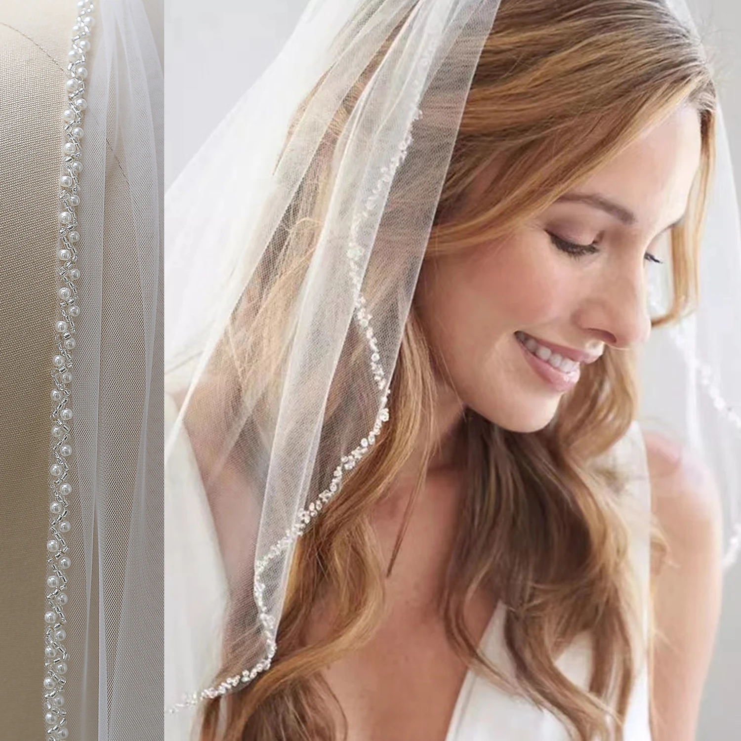 1 ชั้นผ้าคลุมหน้างานแต่งงาน Elegant Beaded Edge คริสตัลไข่มุก Edge Veil สีขาวงาช้างยาวผ้าคลุมหน้าเจ้าสาวด้วยหวี Custom Cathedral Veil