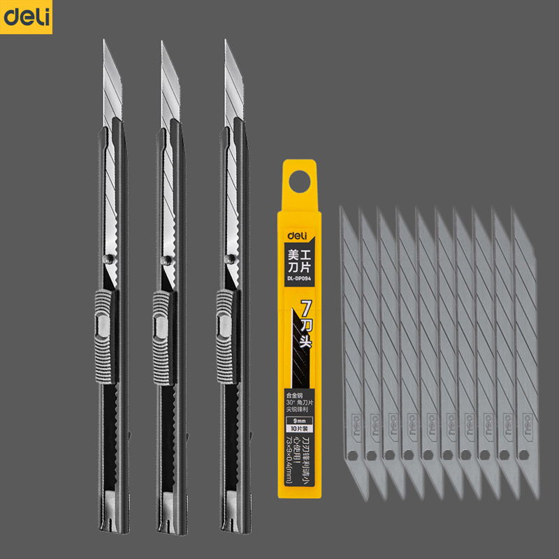 Deli 9Mm Tiện Ích 30 Độ Sắc Nét Thép Carbon Tích Tắc Tắt Sk5 Lưỡi Dao Tự Động Khóa Thiết Kế Dao nhà Văn Phòng
