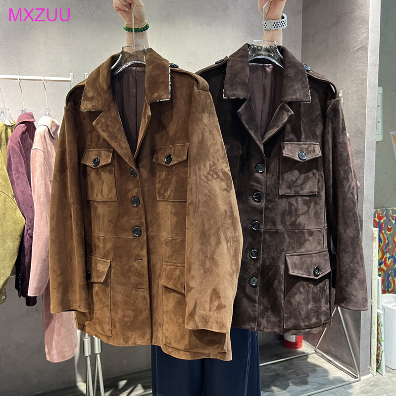 女性用シープスキンスエードジャケット,ストレートカット,レザーコート,ヴィンテージポケット,ミディアムからロング,ハイグレード,ブラウン,新品,冬,秋