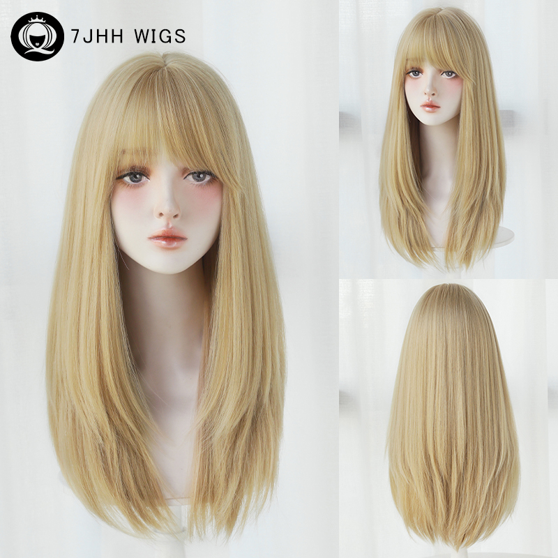 ตรงวิกผมสีบลอนด์กับ Neat Bangs ความหนาแน่นสูงสังเคราะห์ธรรมชาติวิกผมปลอมสําหรับผู้หญิง Daily COSPLAY PARTY Wigs