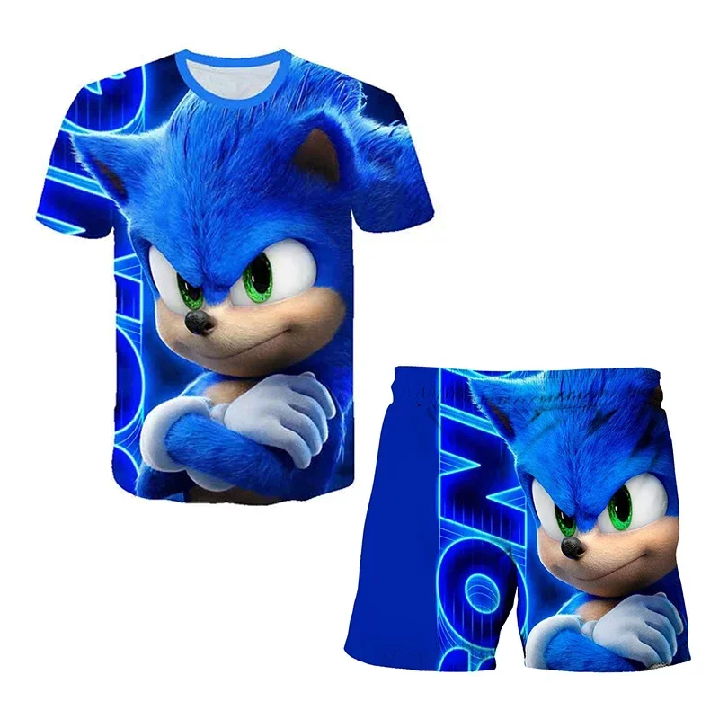 Sonic The Hedgehog, conjunto de camiseta de Anime 3D a la moda para niños, conjunto de manga corta + pantalones cortos, conjunto de dos piezas, disfraz de Cosplay para niñas y niños