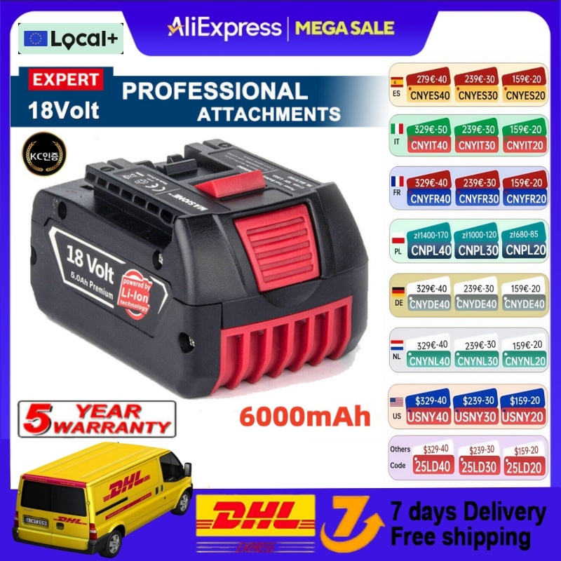 18 V wiederaufladbare Batterien für BOSCH 18 V Performance 6,0 Ah LITHIUM-ION GDS250-Li GSR180-Li GKS185-Li GWS180-Li GSB185-Li