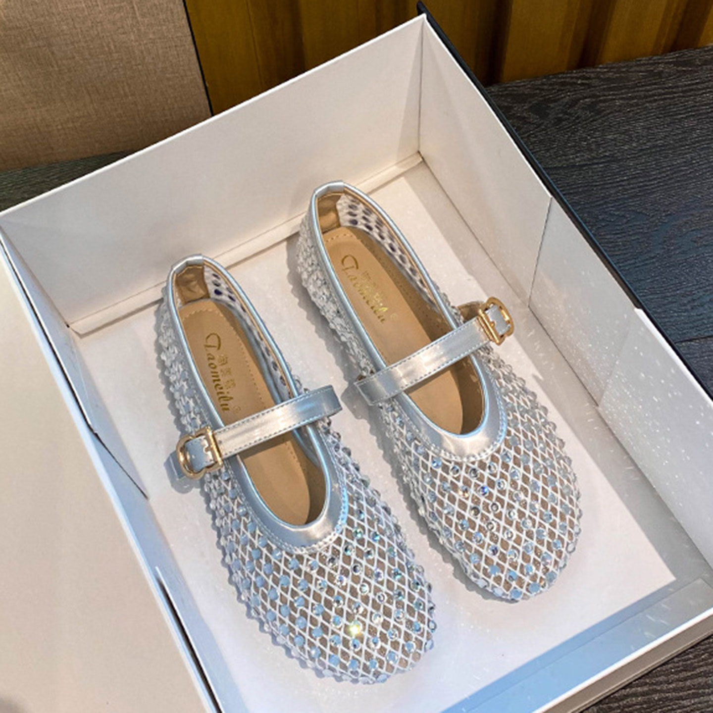 Modische Diamant-Mary-Jane-Schuhe für Damen, hohle Mesh-Ballettschuhe, Damen-Sommersandalen, runde Spitze, atmungsaktiv, weiche Sohle, flache Schuhe