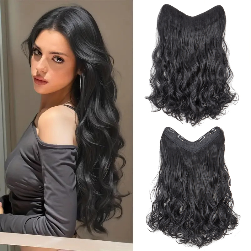 Extensión de cabello sintético largo de 24 pulgadas para mujer, postizo Invisible esponjoso de una pieza en forma de V, color negro y marrón