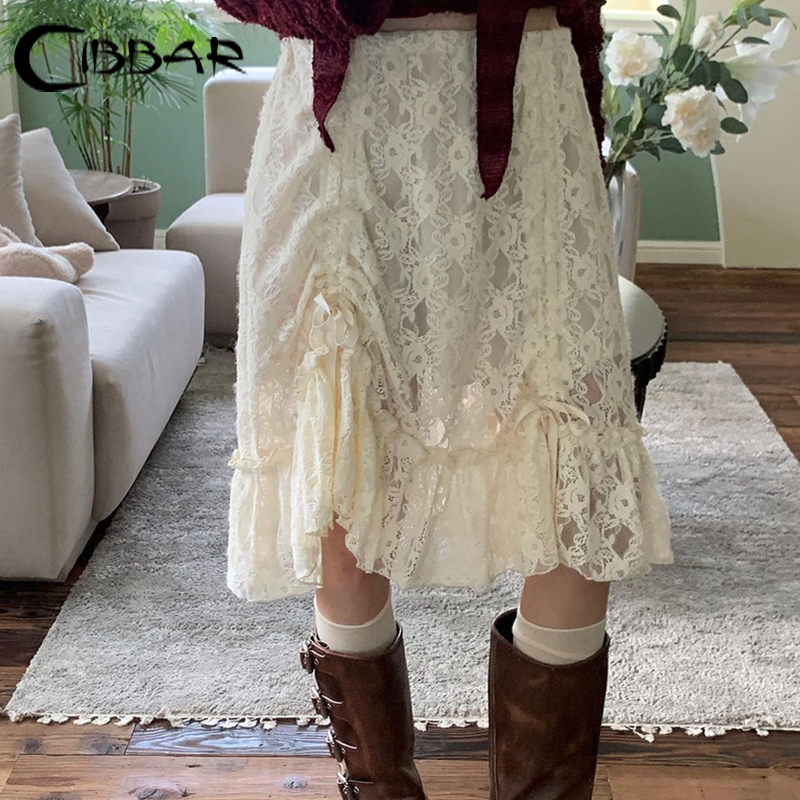 CIBBAR Fairycore dentelle jupe transparente y2k Vintage cordon pansement taille basse jupes mi-longues femmes 2000s Harajuku dames vêtements